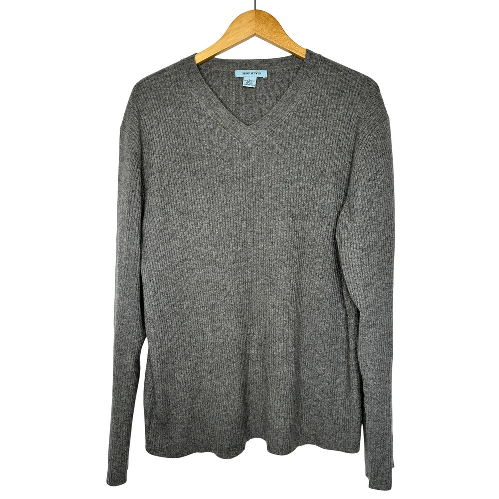 Vtg Gene Meyer Sweater 100% Cashmere V-Neck Ribbed Knit Size XL Grey Long Sleeve